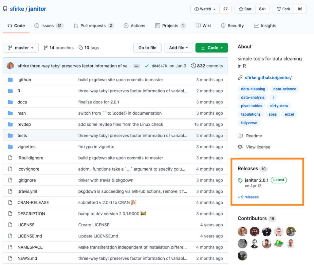 The janitor package GitHub most recent release.