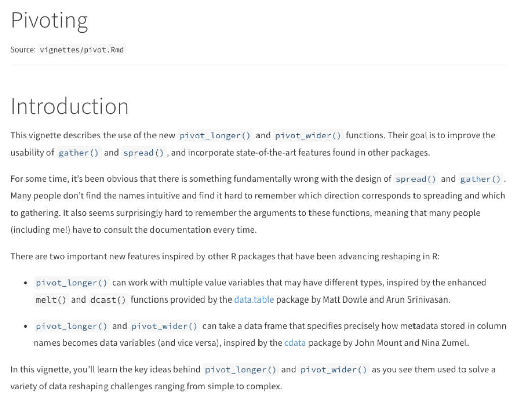 Pivoting vignette from the tidyr package.