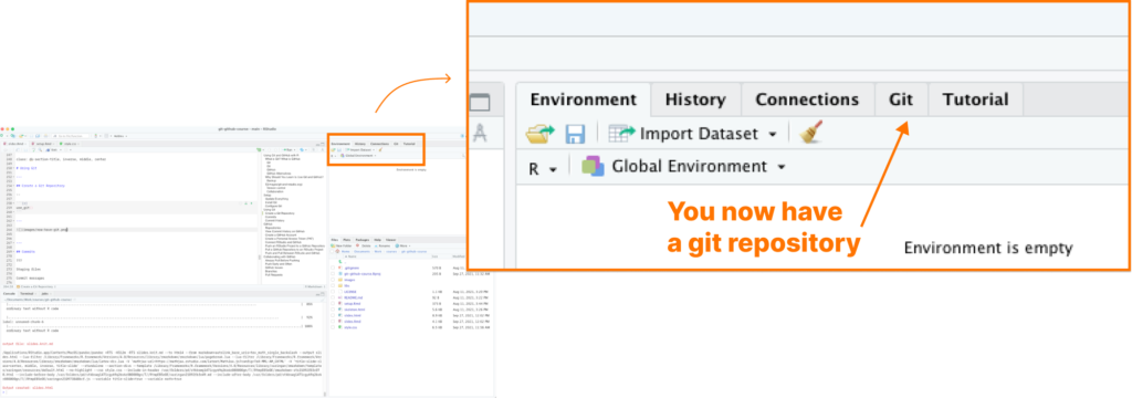 Screenshot showing an active Git repository in RStudio.