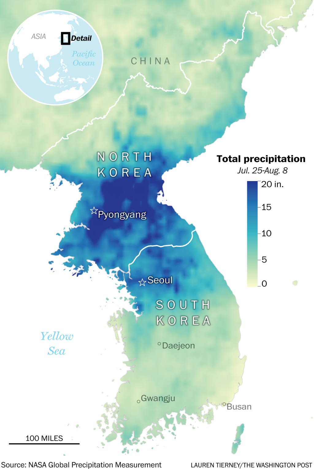 Map of precipitation in Korea in July and August 2022.